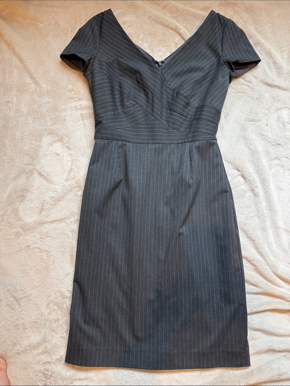 Classic Charcoal Pinstripe V-Neck Sheath Dress